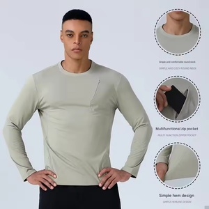 T-shirt de sport à manches longues pour homme, col rond, poche zippée, 100% polyester, design personnalisé, pour la course à pied et le vélo - Product Image 2