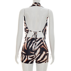 Viviblook J26ST168 Women Summer Shorts Zebra Print Halter Backless <b>Strap</b> Swinging Collar Tank Top Tight Shorts Two Piece Set - Product Image 5