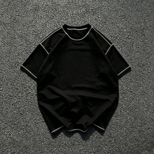 Camiseta Negra Oversize de Manga Corta para Hombre, Cuello Redondo, Ribete en Contraste, Estilo Urbano, Tejido de Punto - Product Image 2