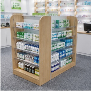 Estanterías de exhibición para farmacias, estanterías para medicamentos, diseño de madera combinada con panel de vidrio, góndola de farmacia para tienda - Product Image 1