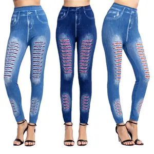 Ak e Calça Jeans Denim Impressão F das mulheres Sem Costura Leggings de Lã Forrado com Comprimento Total