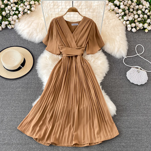 <span class=keywords><strong>Vestidos</strong></span> al por mayor para mujer, vestido <span class=keywords><strong>de</strong></span> <span class=keywords><strong>manga</strong></span> <span class=keywords><strong>corta</strong></span> por encima <span class=keywords><strong>de</strong></span> la rodilla, ajustado, con cordones en la cintura, falda larga plisada, vestido informal - Product Image 6