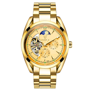 Reloj de hombre con esfera grande de 42 mm en negro y dorado, con iluminación nocturna, correa de acero impermeable y movimiento mecánico automático. - Product Image 6