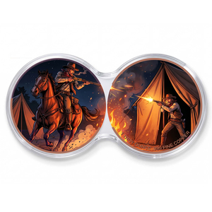 Cinematic 1oz 999 Cuivre Fin Rond Coloré UV, pièce à thème '<span class=keywords><strong>Western</strong></span> Night Campfire Ambush <span class=keywords><strong>Duel</strong></span>' avec capsule de présentation - Product Image 1