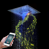 Robinet de douche thermostatique en laiton noir mat avec barre coulissante de 16 pouces, pommeau de douche LED effet pluie/cascade et système audio pour usage hôtelier