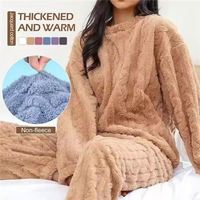 I-0509 femmes décontracté flanelle polaire pyjamas à manches longues col rond couleur unie Offre Spéciale épaissi hiver maison porter deux pièces ensemble