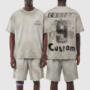 Custom logo Acid Wash Raw Edge Two Piece Set 100% katoen vintage gewassen distressed shorts en t-shirt set voor heren - Product Image 1