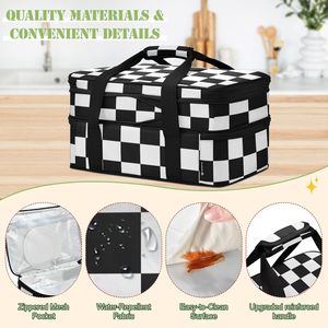 OEM Custom Black Checked Design 2-layer Insulated Food Bag Hawaii Double Casserole Pans Pizza Carrier Cooler Bag for Picnic - Product Image 4