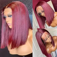 Cabello Humano Liso Brasileño Virgen Rojo 99J para Peluca, Encaje HD 13x4 Pre-Desplumado, Bob Corto para Mujeres Negras