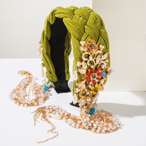 Serre-tête simple tressé à la main, style ethnique, polyvalent, avec pompon, incrustations métalliques et fleur de perles, accessoires pour cheveux femme - Product Image 3