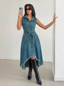 Robe Longue d'Été Décontractée Euro-Américaine <span class=keywords><strong>en</strong></span> <span class=keywords><strong>Jean</strong></span> Droit <span class=keywords><strong>Taille</strong></span> <span class=keywords><strong>Haute</strong></span> Sans Manches Tendance à Bord Brut Irrégulier Couleur Unie - Product Image 4