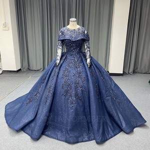 Vestido de Quinceañera Azul Marino de Lujo Lsany279, Cuello Ilusión, Manga Larga, Apliques de Encaje, Vestido de Princesa con Brillo, Jancember - Product Image 2