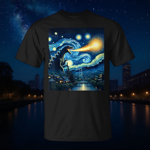 T-Shirt Unisex Stile Retrò Giapponese con Stampa Digitale di Mostri Kaiju e Notte Stellata, Manica Corta, Collo Tondo, Promozionale - Product Image 2