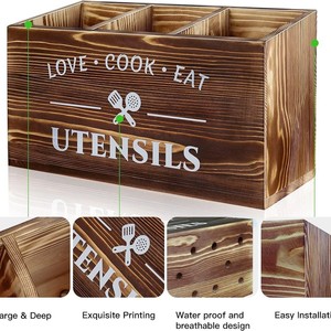 Solid Wood Kitchen Utensil Organizer <b>Box</b> With Partitions Cutlery <b>Storage</b> Counter Top Cooking Tool Holder - Product Image 2