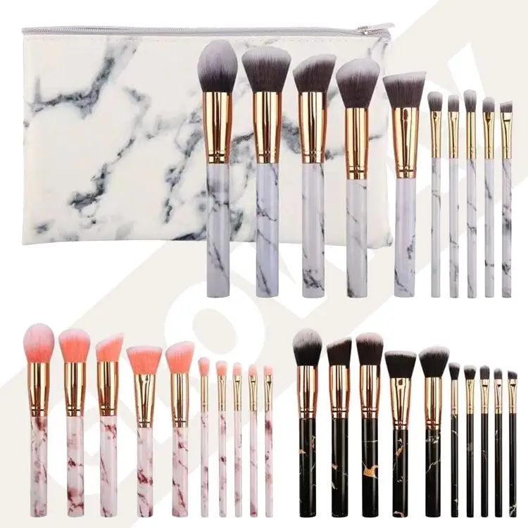 10 Stuks Make-Up Borstel Set Met Marmering Plastic Handvat Voor Foundation Oogschaduw Mode Make-Up Borstels Met Pu Tas