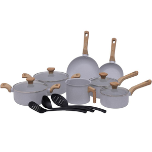 Ensemble de casseroles en céramique antiadhésives modernes, 13 pièces, avec poignées en bois et couvercles en verre, pour cuisinières à gaz et à induction - Product Image 1