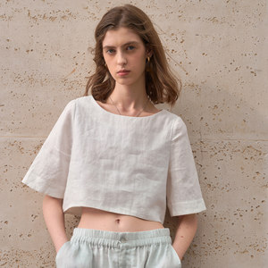 <span class=keywords><strong>Camicetta</strong></span> Elegante da Donna in Puro Lino Bianco, Stile Casual a Tinta Unita, Manica Corta, Collo Tondo, Vestibilità Comoda, Manica a Tre Quarti - Product Image 1