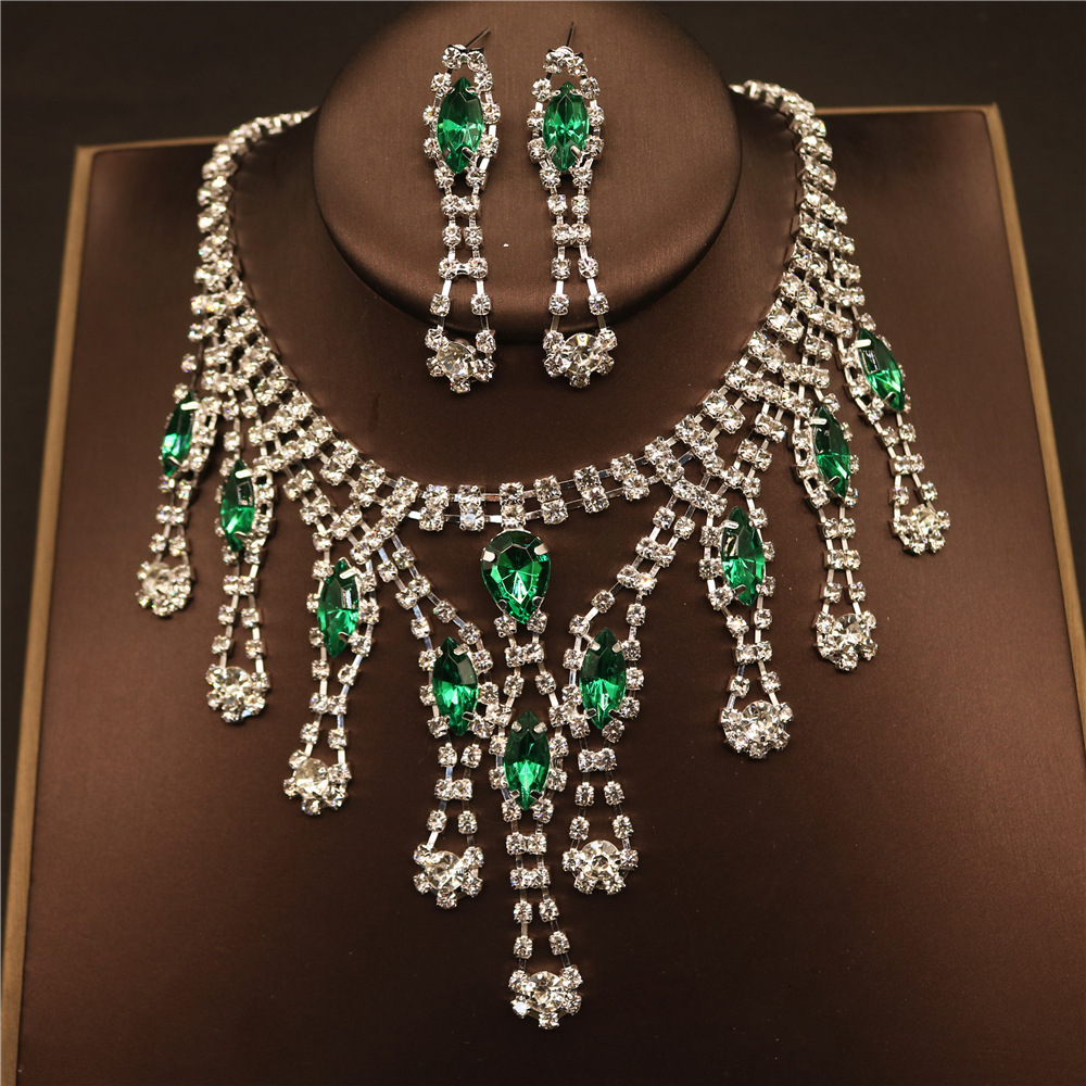Green Women Crystal Necklace Earring Set Luxury Statement Bridal Party  Jewelry Sets Formal Dress| Alibaba.com