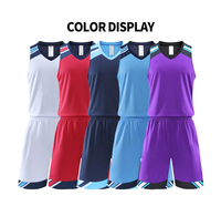 Ensemble d'uniformes de basketball personnalisés avec logo, 5 couleurs, pour hommes et femmes, 100 % fibre de polyester, col en V, avec rayures verticales et tissu uni