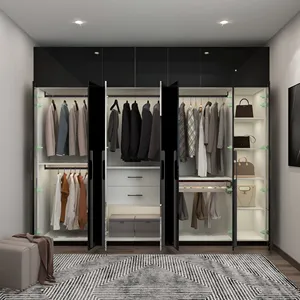 Holz schwarz LED Lichter Schlafzimmer möbel modulare Holz benutzer definierte moderne Design begehbare Kleider schränke