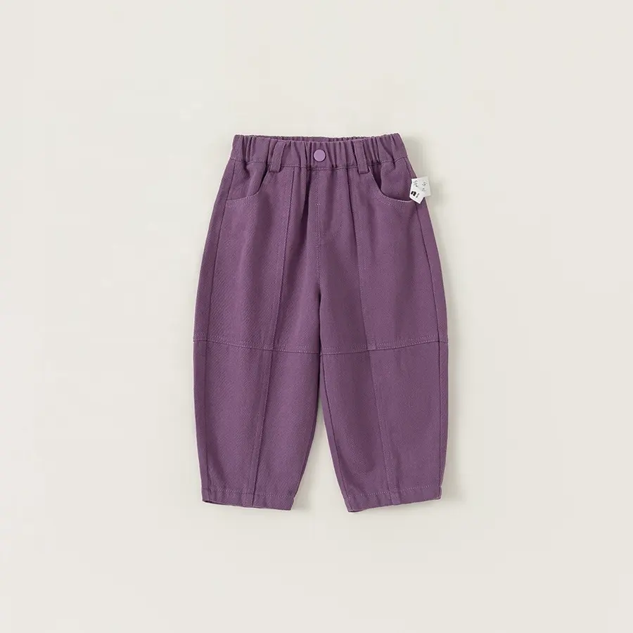 Celana bayi laki-laki perempuan, kasual ungu longgar 100% katun elastis pinggang sedang untuk anak-anak