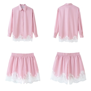 J3537 Abbigliamento <span class=keywords><strong>Donna</strong></span> Trendy, <span class=keywords><strong>Completo</strong></span> Casual a 2 Pezzi con <span class=keywords><strong>Camicia</strong></span> a Maniche Lunghe <span class=keywords><strong>e</strong></span> Shorts con Inserti in Pizzo - Product Image 4
