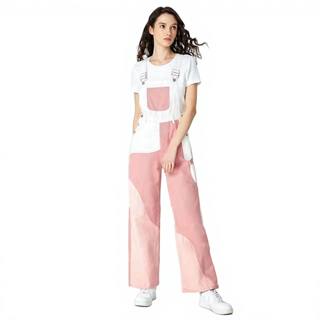 Women High Waist Color Blocked Canvas Overall Jumpsuit Loose Fit Full Length Breathable Casual Spring Summer Style