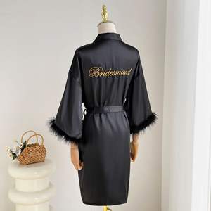 Wholesale Bridal Bride <strong>Robe</strong> for Wedding Day Set Feather Trim Satin Silk <strong>Robes</strong> Women Bachelorette Party Getting Ready Outfits - Product Image 6