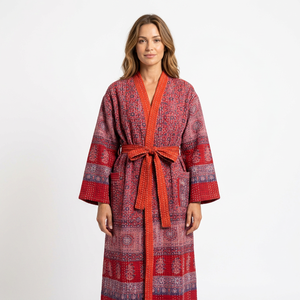 Robe longue en coton pour femmes, col en V, manches longues, motif Paisley imprimé, ceinture à nouer, rouge - Product Image 1