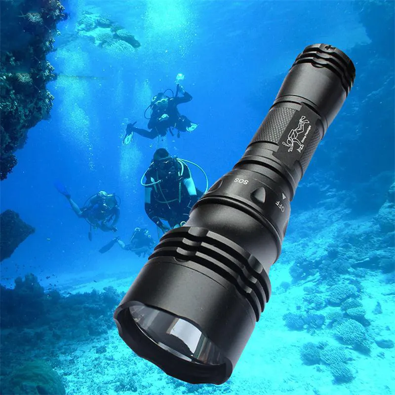 Professional IP68 Diving Light 8W T6 LED Diving Flashlight Multifunction 5-Mode Underwater 50m Torch With Non-slip Rope