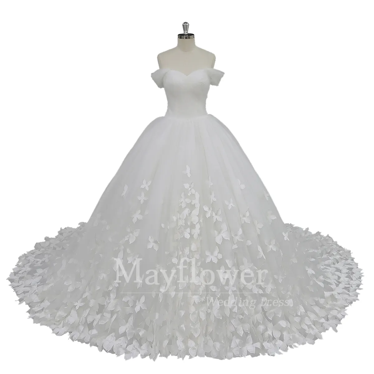Off shoulder ruched bodice wedding gown butterfly 3D flowers wedding dress
