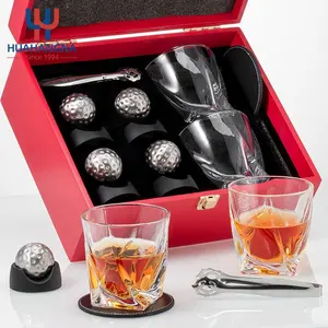 Reusable Golf Ball Shaped Stainless Steel Whiskey Stones Gift Set With Whisky Glasses For Cocktail Brandy Wine