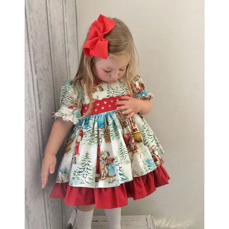 Girls Children summer Christmas puffed sleeve short sleeve printed ruffled dress Baby dress children's dress