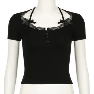 T-shirt court noir côtelé pour femme avec dentelle et détail nœud sexy – Tendance - Product Image 5