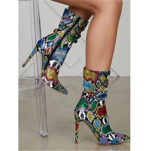 Mixed Color Leopard Pattern Sexy PU Upper High Heel Mid Calf Plus Size 47 Fashion Women <b>Boots</b> Leopard Pointed Toe Side Zip - Product Image 5