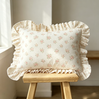Housse de coussin rectangulaire en coton 30x50cm style cottage français, imprimé petites fleurs pêche-orange, bord à volants