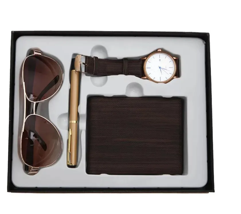 Conjunto de óculos de sol masculino, conjunto de 4 peças, estilo de negócios, com caneta e carteira, relógios de couro para homens, presente
