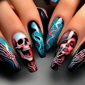 Qianya Dia De Los Muertos Press on <strong>Nails</strong> <strong>Blue</strong> Sugar Skull Ballerina <strong>Coffin</strong> <strong>Design</strong> 24 PCS Wholesale Gothic False <strong>Nails</strong> - Product Image 4