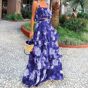 Hot Sale Women's Summer Two Piece Set Printed Sleeveless Top High Waist Ruffled Midi <b>Skirt</b> MOQ 1 Wholesale Women's Printed Sets - Product Image 3