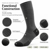 Chaussettes de compression de randonnée en laine mérinos OEM personnalisées 15-20 mmHg, fabricant de chaussettes d'extérieur, logo personnalisé, marque privée