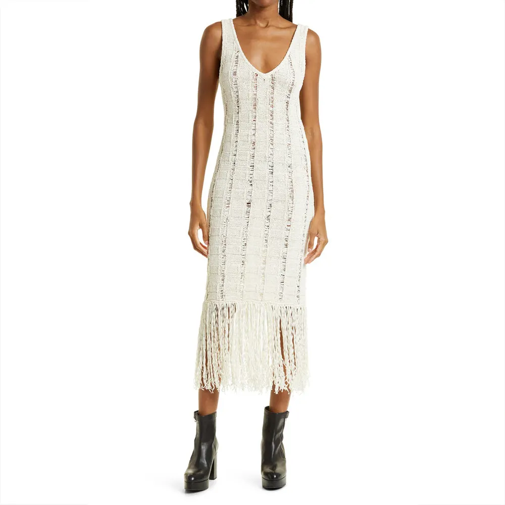 Dress manufacturer custom distressed Knit Maxi Dress sleeveless fringe tassel casual long knitted Sweater Dress women Clothing