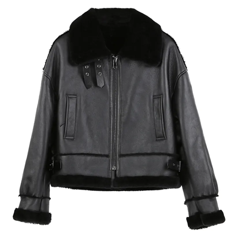 Winter Long Sleeves Zipper Women's Short Genuine Sheepskin Black Fur Leather Coat In Stock