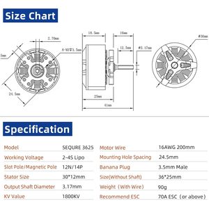 Motor sin escobillas Sequre 3625 1800kv Outrunner 2-4s para coches RC 1/10 - Product Image 5