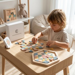 Rompecabezas Educativo Sensorial de Madera Montessori 3D Personalizado OEM, con Mosaico Simétrico de Triángulos, Hexágonos y Animales - Product Image 4
