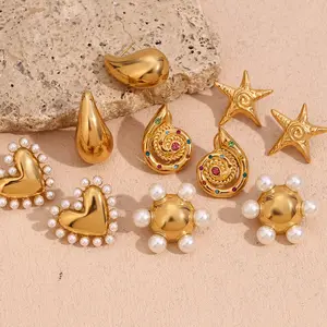 Jachon 18K Gold Plated Whirlpool Snail Stainless Steel Earring Pearl Heart Wheel Earring Jewelry For Women