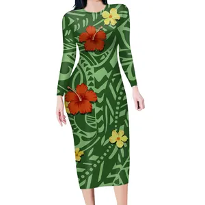魅力的なグリーンサモア族レディドレスカスタムハワイアンフラワーポリネシアンプリント長袖ボディコンラージサイズ女性ロングドレス