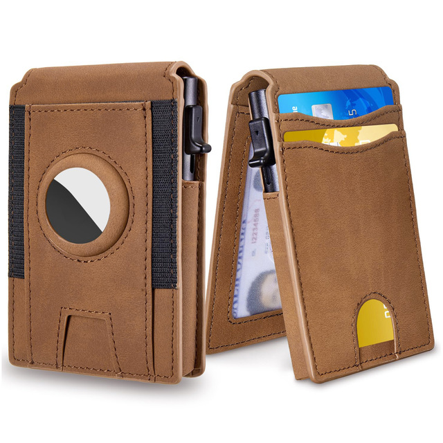 PU Leather Business Metal ID Credit Card Holder Purse Slim Smart Magnetic Closure Popup Mens RFID Wallet with Airtags Slot