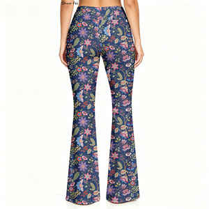 Pantalones <span class=keywords><strong>de</strong></span> yoga acampanados <span class=keywords><strong>de</strong></span> cintura alta para mujer al por mayor, leggings retro con estampado floral francés, pantalón botánico barroco azul marino - Product Image 3