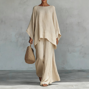 Women <b>Linen</b> Blend Knitted <b>Two</b> <b>Piece</b> Set Oversized Shirt Wide Leg Pants Casual Summer Outfit Quick Dry - Product Image 3