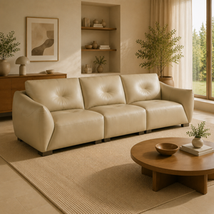 <span class=keywords><strong>Canapé</strong></span> <span class=keywords><strong>en</strong></span> <span class=keywords><strong>cuir</strong></span> <span class=keywords><strong>beige</strong></span> moderne avec dossier capitonné et accoudoirs incurvés pour salon - Product Image 3